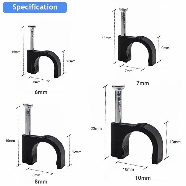 Rund kabelklämma sortiment 6mm 7mm 8mm 10mm - 400 st per förpackning med portabel PP-låda (svart)