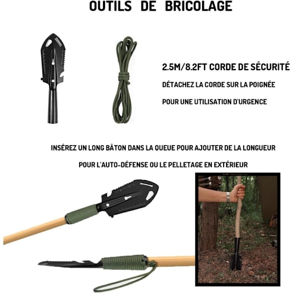 Argent Multifunksjonell campingplass, mini hagespade, 9-i-1 campingverktøy, hagespade i rustfritt stål, bærbar campingspade, egnet for c