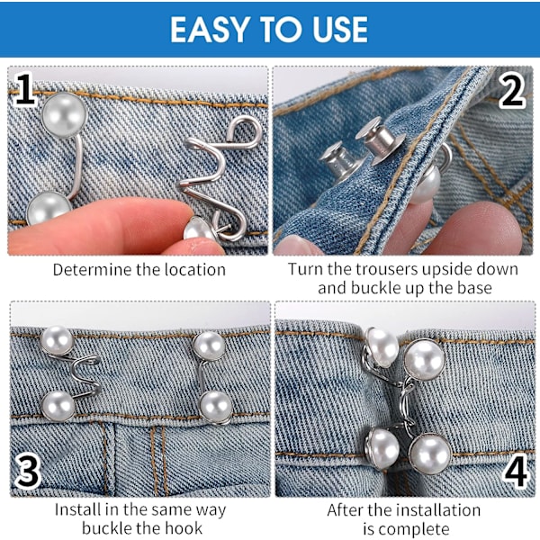 2 sarjaa säädettävää denim-vyön pidennintä (valkoinen), irrotettavat denim-napit, löysät denim-housut, helmiäisdesign vyötärön pidenninnapit, jotka sopivat ins