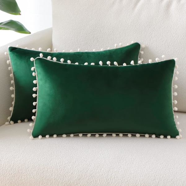 (30x50cm, Mörkgrön) Set med 2 dekorativa kuddfodral i mjuk sammet med pompoms, heminredningsöverdrag, kuddfodral för soffa, säng, stol, sovrum, vardagsrum