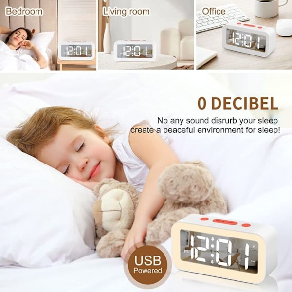 Digital väckarklocka, digital klocka med ljus övre snooze-funktion 2 alarm 12/24h drivs av USB vit