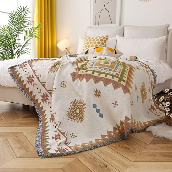 Dubbelvävd bomullsfilt med fransar, etnisk bohemisk stil, geometriskt mönster, soffa, säng, stol, camping, gobeläng, duk, matta 90x150cm