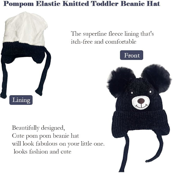 Suloinen karhu lapsille talvi fleece vuorattu neulottu hattu korvaläpät kaksois pom pom pipo korvaläpät kylmä sää lämmin hattu iät 1-5 (musta)