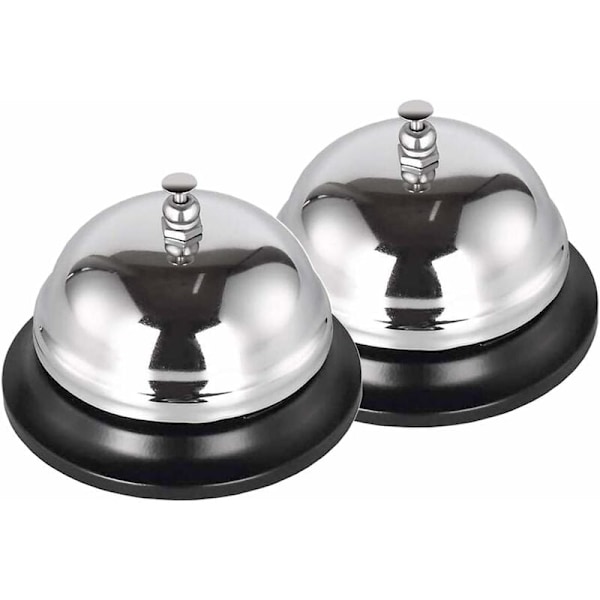 Set med 2 bordsklockor, diskklocka, silver, för kök, reception, hotell, restaurang, mått 85 x 65 mm