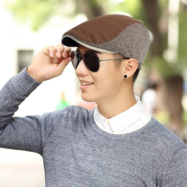 Herre Newsboy Kasket Flad Top Justerbar Tweed Taxachauffør Hat Retro Splicing Fortykket Varm Peaked Kasket