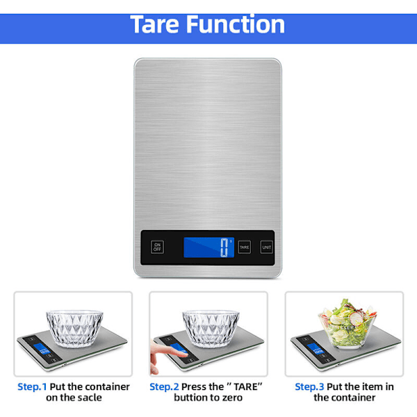 Elektroninen keittiövaaka, digitaalinen ruokavaaka ruostumattomasta teräksestä 1G, kapasiteetti 15kg / 33lb, suuri 23 x 16 cm alusta, taustavalaistu LCD-näyttö, karkaistu