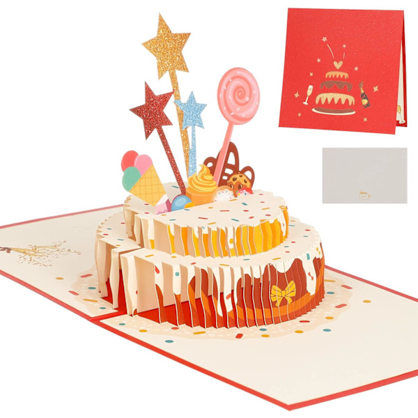 1 pakke 3D Pop Up bursdagskort, håndlaget Pop Up Happy Birthday Cake Pattern Card, bursdagskort med konvolutt for henne, kone, mamma, pappa (rød)
