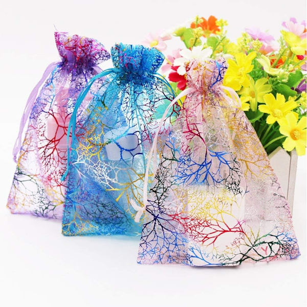 100 sekoitetun väristä korallikuvioista organza-pussia (13x18cm), hääjuhla lahjapussit korupussit, sopii jouluun, vauvakutsuihin