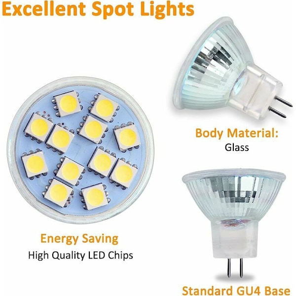 MR11 GU4 LED 2W kallvit 6000K, 120° 200lm, halogen MR11 10W 20W motsvarande, AC DC 24V 12V inbyggd LED GU4 35mm för husbil köksmöbler,