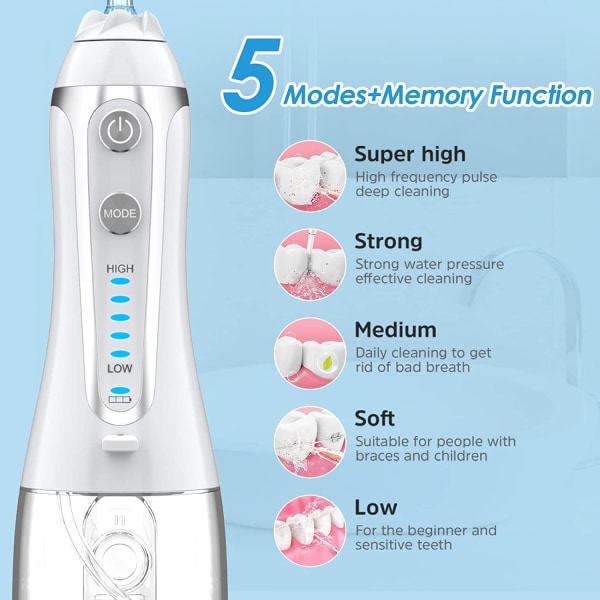 Vannstråle for tenner, 5 moduser tanntrådstråle trådløs munnvannsstråle IPX7 vanntett, 300 ml beholder USB oppladbar med tyngdekraftskule 6 jetspiss fo
