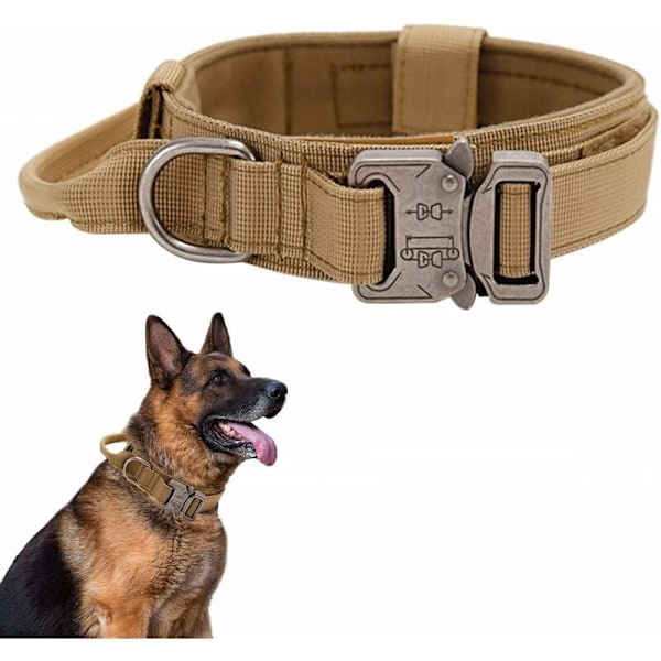 (XL, Brun) Taktisk hundehalsbånd - Militært halskjede med kontrollhåndtak, justerbart halskjede i polstret nylon for mellomstore hunder for intensiv tra