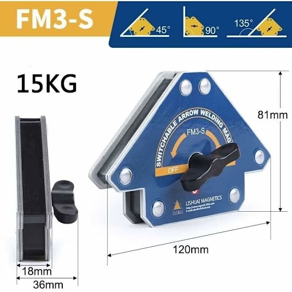 Hitsausmagneetit, 1 kpl FM3-S kytkimellä, hitsausmagneettikulma 15-25 kg 45°, 90°, 135° kulmapidikkeelle