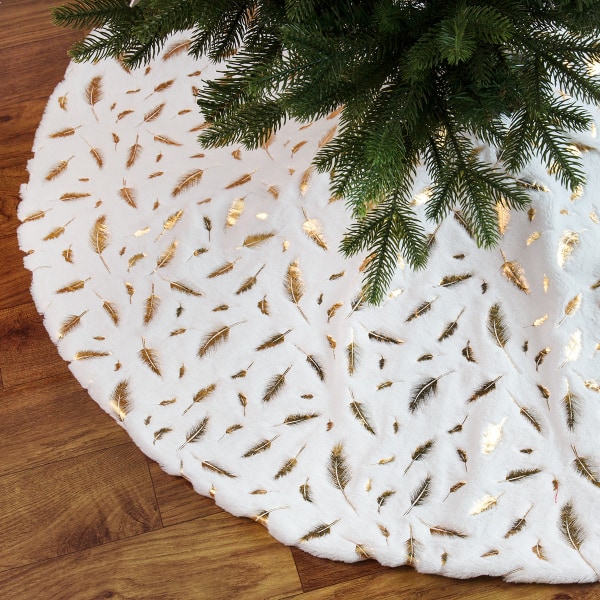 Juletræsnederdel hvid, 48 tommer guld pailletfjertræskørt