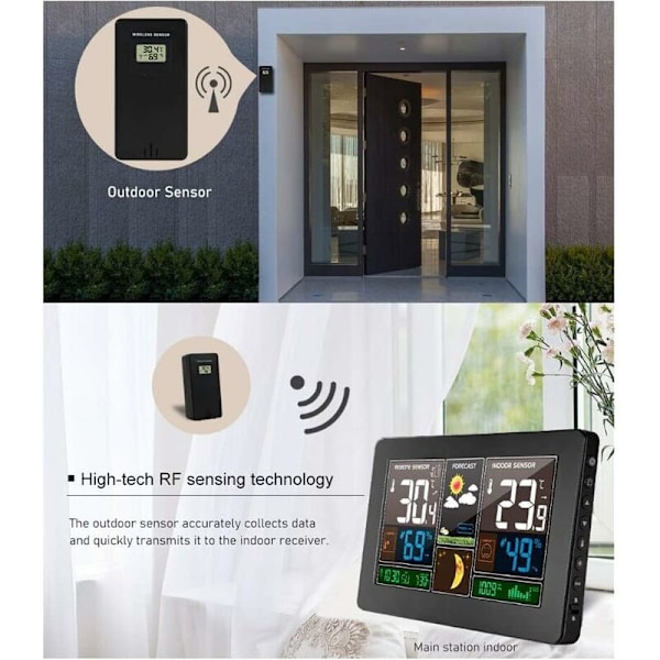 Mekanisk Termometerstasjon Hygrometer Innendørs Barometer Utendørs med LED-skjermsensor, Digital klokke med bakgrunnsbelysning Tid Dato Månefase (Blå)