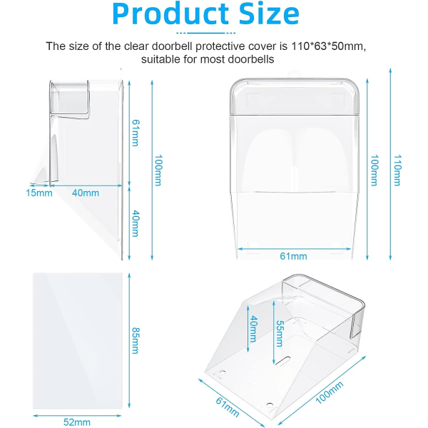 Transparent beskyttelsesdæksel til udendørs dørklokke, vandtæt, trådløs, vægmontering - 11 x 6 x 5 cm