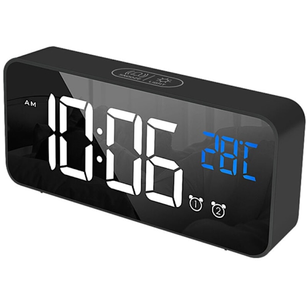 LED digital väckarklocka för sovrum, elektronisk klocka med termometer, 2 alarm, snooze-funktion, 4 ljusstyrkenivåer, spegelklocka, USB-laddning för