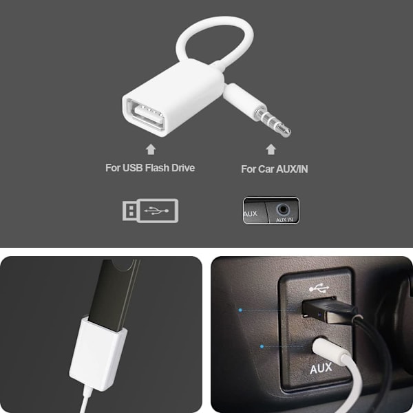 AUX till USB-adapter 3,5 mm hane kontakt Aux-ljud till USB 2.0 hona omvandlarkabel sladdomvandlare för bil Vit 2-pack av Oxsubor (Car Decode Func