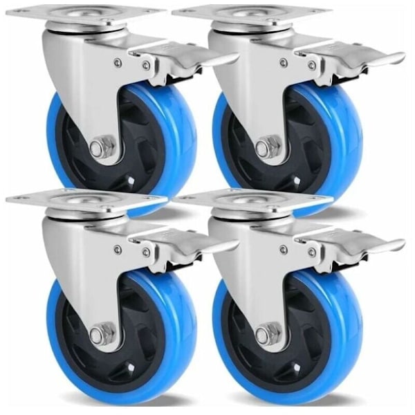 Sæt med 4 drejelige hjul, 100 mm møbelhjul, op til 600 kg, kraftige hjul med bremse, 360° rotation, gummihjul, efterlader ingen mærker på gulvet