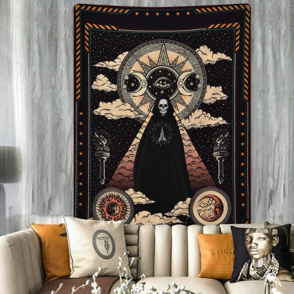 Magiker-kranietæppe Sol Iris Tæppe Sol og Måne Tæppe Stjerner og Skyer Tæppe Tarot Tæppe til Soveværelse, 150x100