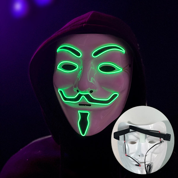 Lysande LED v-ord mask (grön) för Halloween kostym cosplay fest