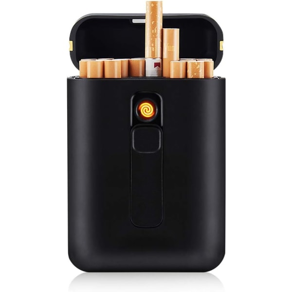 Sort - Bærbar holder til 20 cigaretter - med elektrisk lighter flammefri, vindtæt, genopladelig via USB