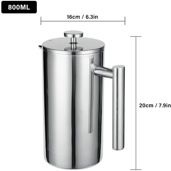 Stempelkande i rustfrit stål 304, termokaffemaskine, tekande, 800 ml, 3 filtre, anti-krydshåndtag, rustfri kaffepresse