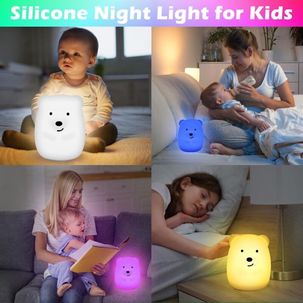 Baby Bjørn Natlampe, Børne Natlampe, Silikone Natlampe, Genopladelig LED Natlampe, med Timerfunktion, Fjernbetjening, Touch Natlampe fo