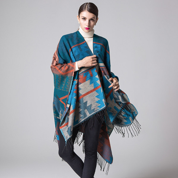 Kvinners trykte dusk cardigan cape wrap sjal geometrisk rombe forlenget og tykkere sjal