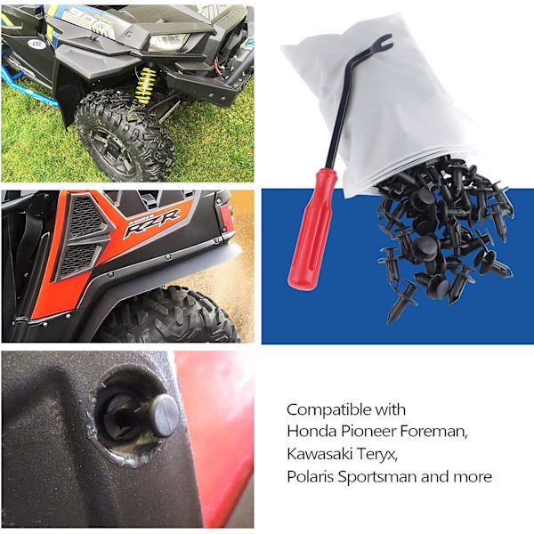 120 stk. ATV UTV karosseri-fastenersnitter trykknapper kompatibel med Polaris RZR Ranger Suzuki King Quad Kawasaki Rancher plastskærmsclips med fjerner