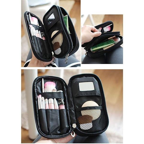 Kosmetiktasche med spegel, sminkborstar, reseset, förvaring, kosmetikväska, professionell, 2-lagig (svart)