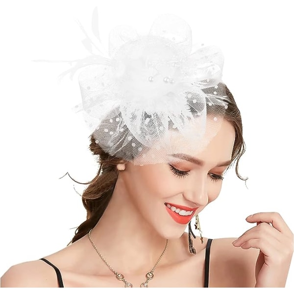 White - Hat holder, bandana and teapot with flowers and mesh ribbons and feathers for girls and women,