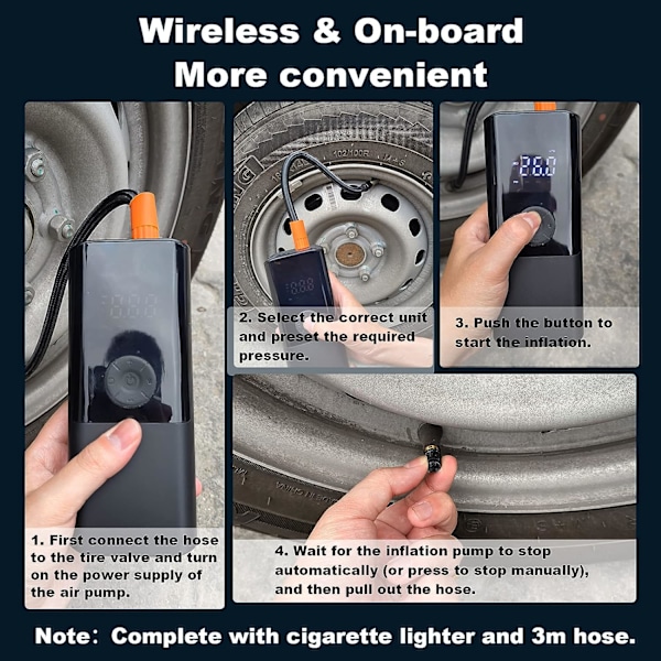 Bærbar dæk oppumpning trådløs luftkompressor genopladelig 150PSI auto-off luft pumpe med LED lys, digital måler for nøjagtige trykaflæsninger ,