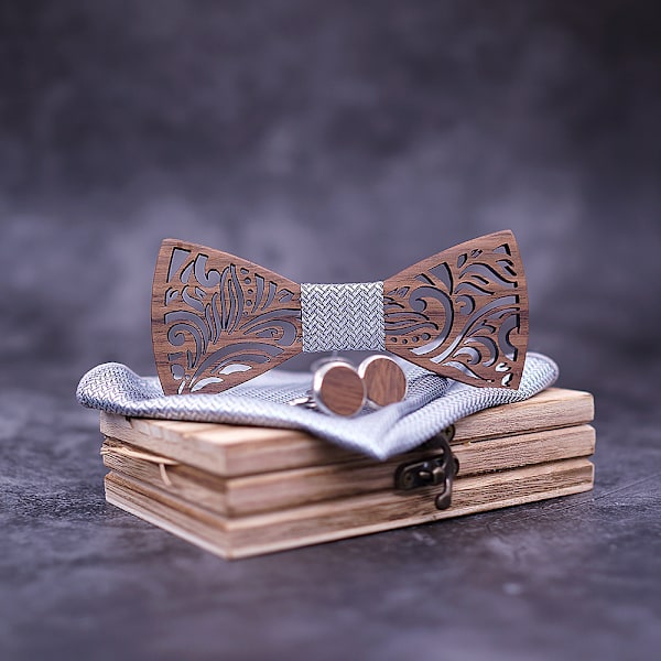 Håndlavet træ butterfly, justerbar størrelse, klassisk stil, trææske (inklusive manchetknapper, lommetørklæde og butterfly) til bryllup aften forretning