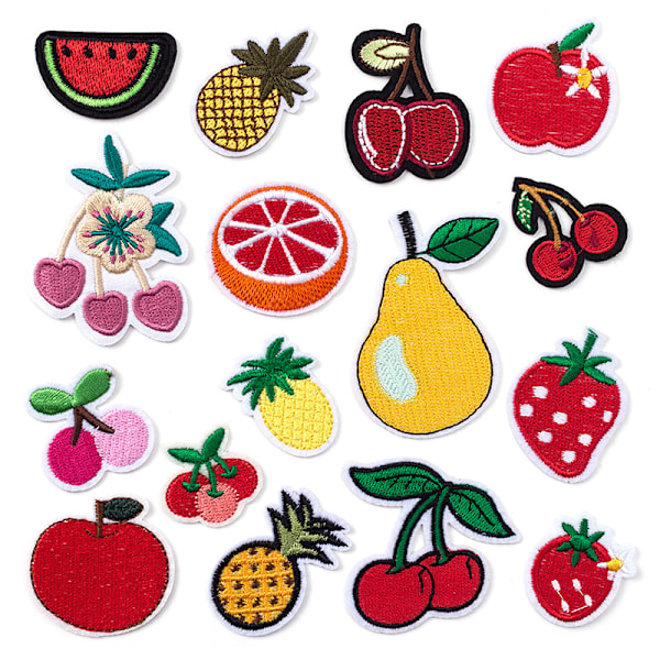 Broderede frugtpatches (sæt med 16), søde frugt stryge-på/sy-på patch applikationer til tøj, kjoler, hatte, jeans, DIY tilbehør