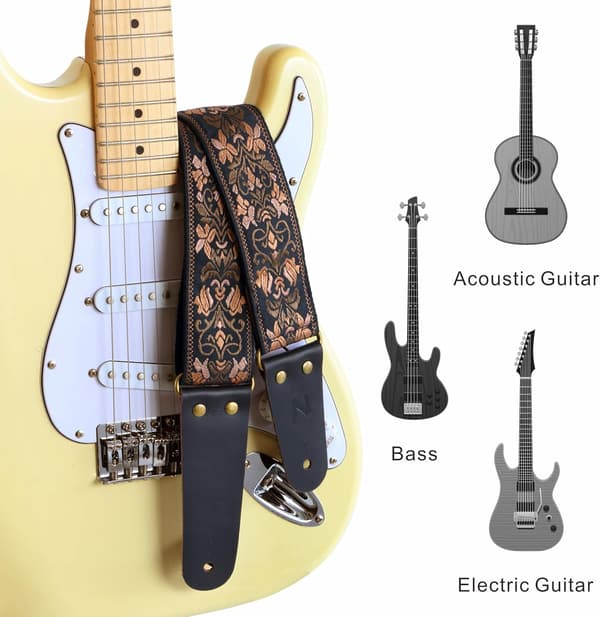 Broderad gitarrrem, läderrem med osynlig påse, för bas, elgitarr och akustisk gitarr