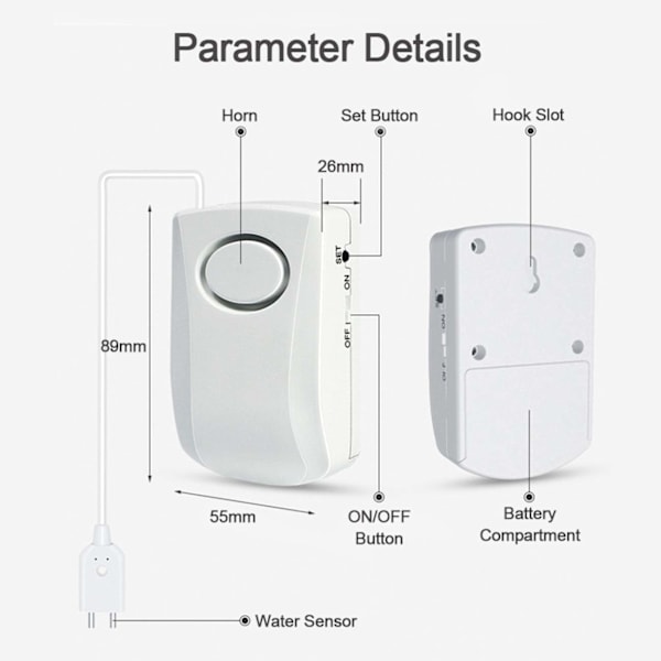 130dB Vattenläckagealarm, 95CM Lång Kabel, Med Sensor, Hem Säkerhet Vattenläckage Detekteringslarm, Batterier Ingår