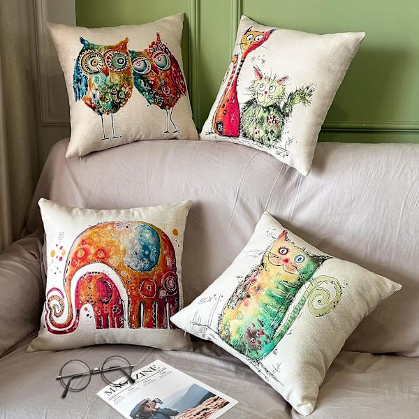 Set med 4 kuddfodral, kuddfodral 45x45 kuddfodral dekorativa soffkuddfodral för sovrum, soffa, stol, säng, trädgård (Djur-Linne)