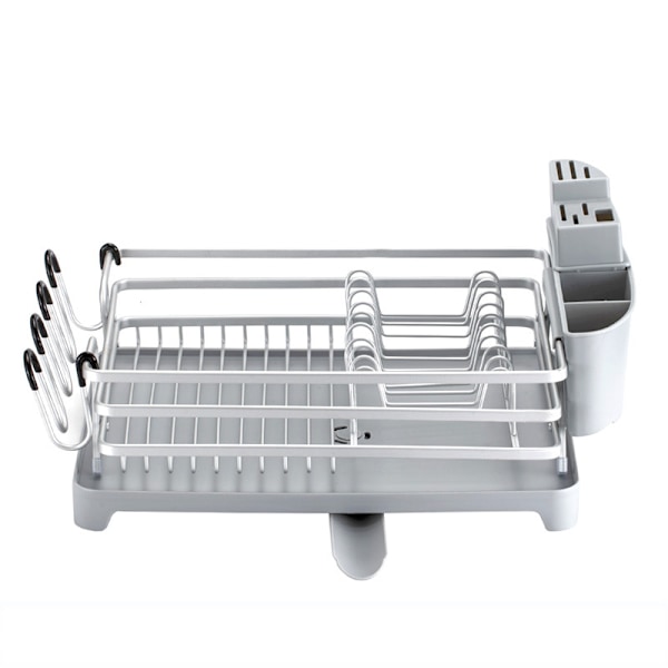 Multifunktionel automatisk drænende aluminiumsopvaskestativ med vandudløb (sølv + lysegrå chassis)