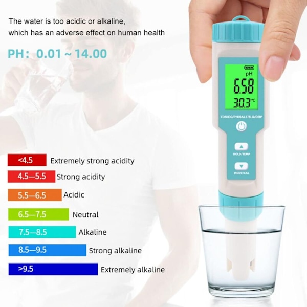 Vandkvalitetstester, 7 i 1 PH-måler og PH/TDS/SALT/ORP/SG/TEMP/EC, PH-måler med LCD-display, til drikkevand, swimmingpool, akvarier,