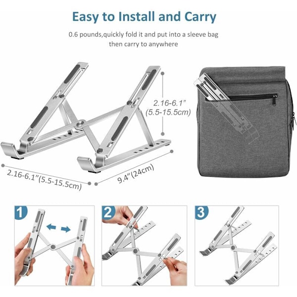 Sollbry Laptopstöd, Vikbart för Laptop, 6 Justerbara Vinklar, Ventilerat Halkfritt Aluminiumstöd Kompatibelt med Laptop, Tablet - Silver
