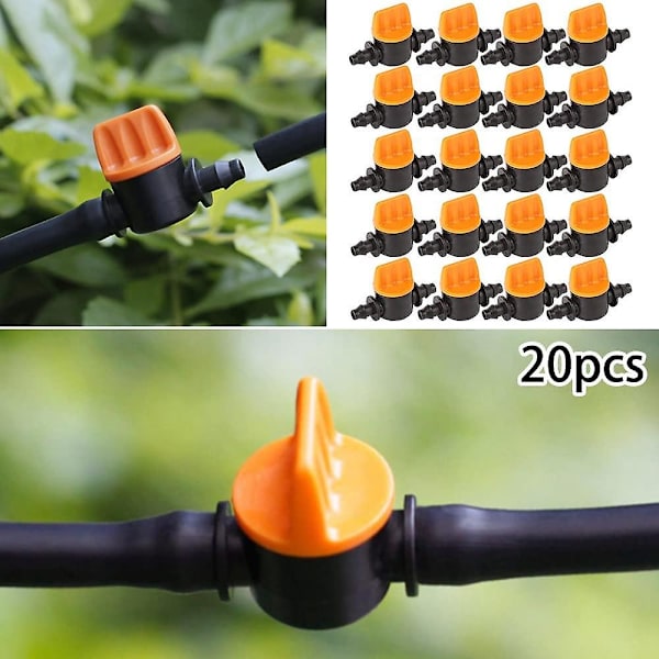 20 kpl Mini-tiputuskasteluventtiilit 4/7 mm:n puutarhaletkulle piikillä, 1/4 tuuman veden virtauksen säätöventtiili