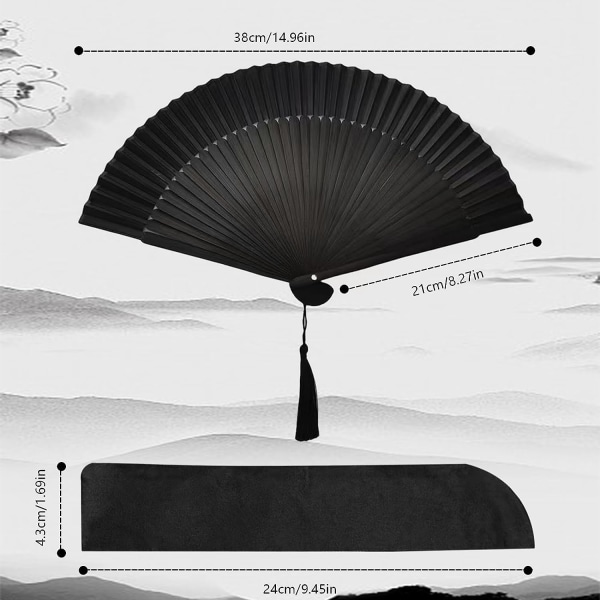 2 Styk Foldbare Sorte Silke Bambus Fælder med 2 Opbevaringsposer, Traditionel Foldbar Fælder, Oriental Dekoration til Mænd, En