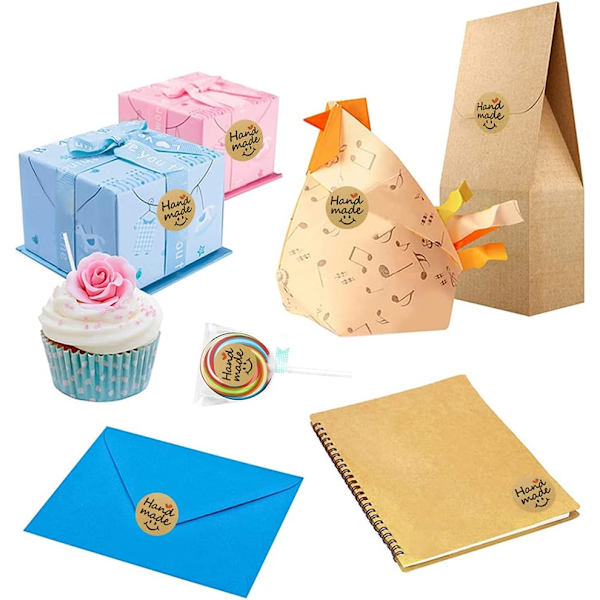 1000 kpl Kraft-paperilahjatunnistetta, \"Handmade\"-pyöreä tarra luonnonvärinen Kraft-paperi (2 rullaa)