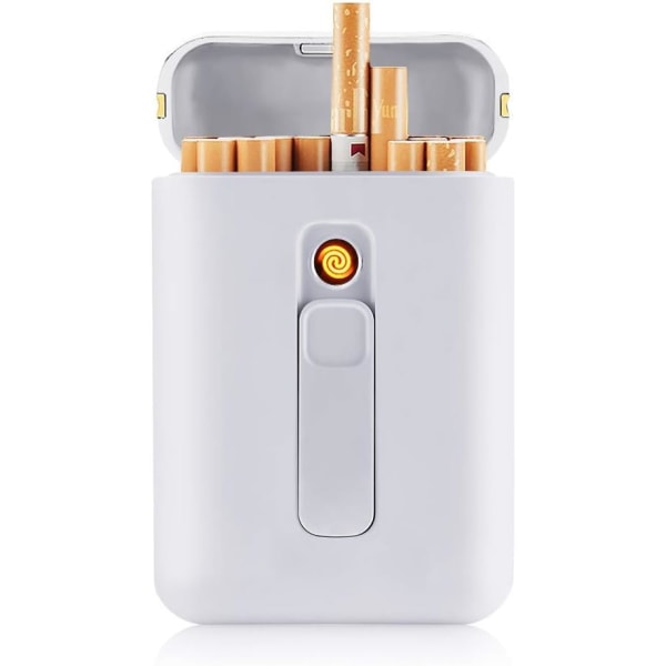 Hvit - Bærbar sigarettholder for 20 sigaretter - med vindtett sigarettenner, oppladbar USB
