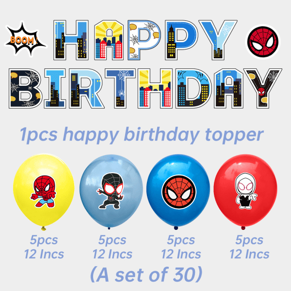 Spider-Man tema fødselsdagsballoner sæt, fødselsdagsballoner dekoreret