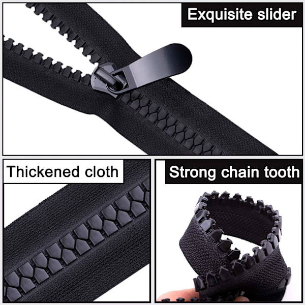 Separerande jacka dragkedjor, 1 st 150 cm dubbel öppen super stor plast dragkedja svarta tänder kraftiga dragkedjor för DIY sömnad skräddare hantverk väskor tält,