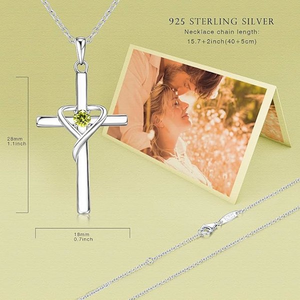 Augusti Födelsesten Korshalsband - 925 Silver med 5A CZ Peridot & 14K Guld/Roséguld - Olivgrön Unisex Festival Smycke