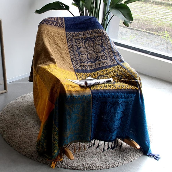 Chenille-tæppe, Jacquard-kvast Sofa Cover Dekorativt Stolebetræk til Sofa Seng Blød Stol, Folk Tribal Mønster (150 x 190 CM, Blå)