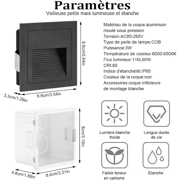 4 stycken 3W LED Inbyggda Vägglampor, Kalla Vita IP65 Vattentäta Trappbelysning, Stegljus, Aluminium, Dekoration Inomhus Utomhus Belysning (kalla vita, b