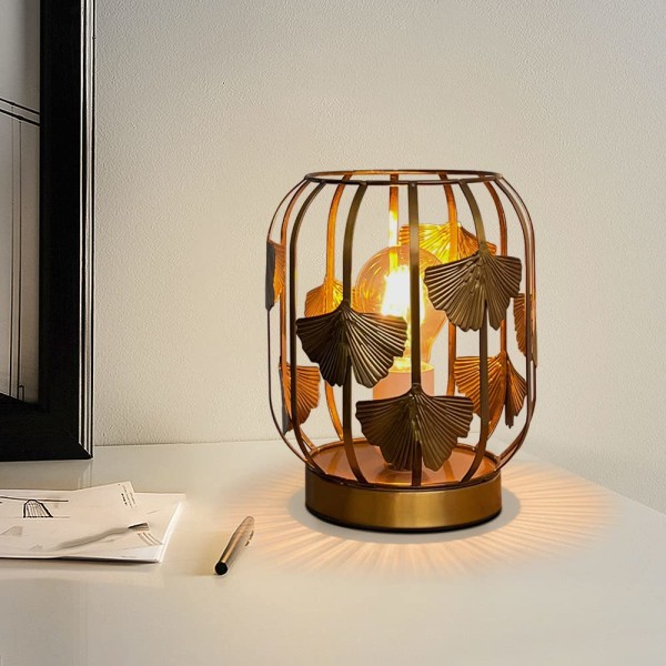 Metalbordlampe med Ginkgo-bladmønster til soveværelse, stue